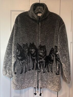 Vintage 90s C'NS Creations Yukon 2000 Wolf All Over Print Fleece Jacket Large L